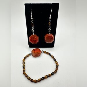 Fire agate stone, tigers eye in silver tone earrings and stretch bracelet set!